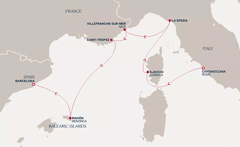 Explora VI October 2-9 2028 cruise route map from Civitavecchia (Rome) to Barcelona