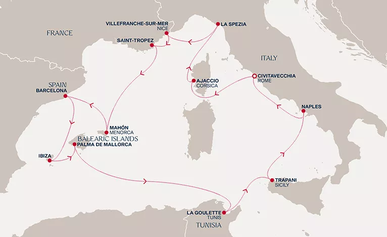 Explora VI October 2-16 2028 cruise route map from Civitavecchia (Rome) to Civitavecchia (Rome)