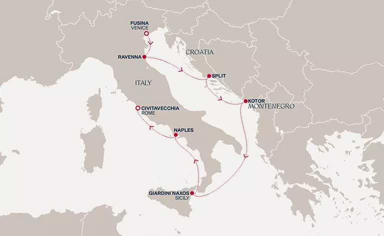 Explora VI October 23-30 2028 cruise route map from Fusina (Venice) to Civitavecchia (Rome)