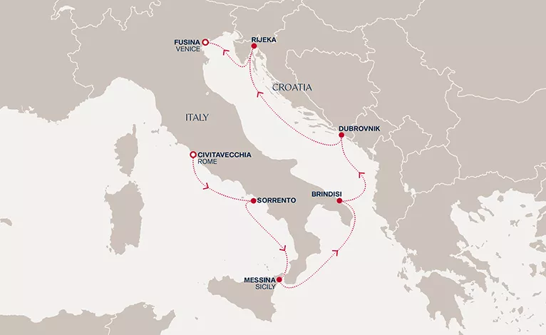 Explora VI October 30-November 6 2028 cruise route map from Civitavecchia (Rome) to Fusina (Venice)