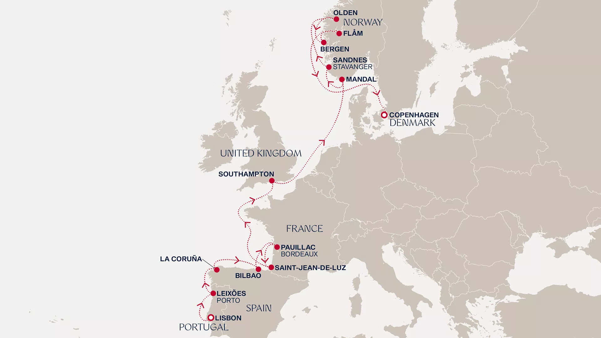Explora III August 10-25 2026 cruise route map from Lisbon to Copenhagen