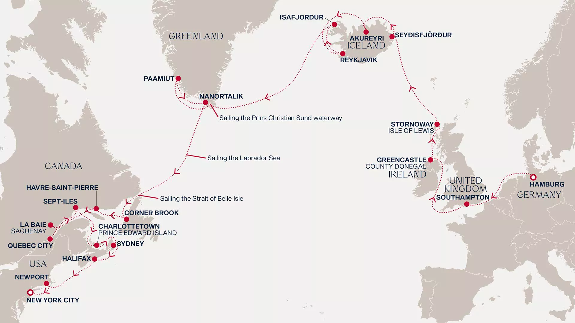 Explora III September 7-October 7 2026 cruise route map from Hamburg to New York City
