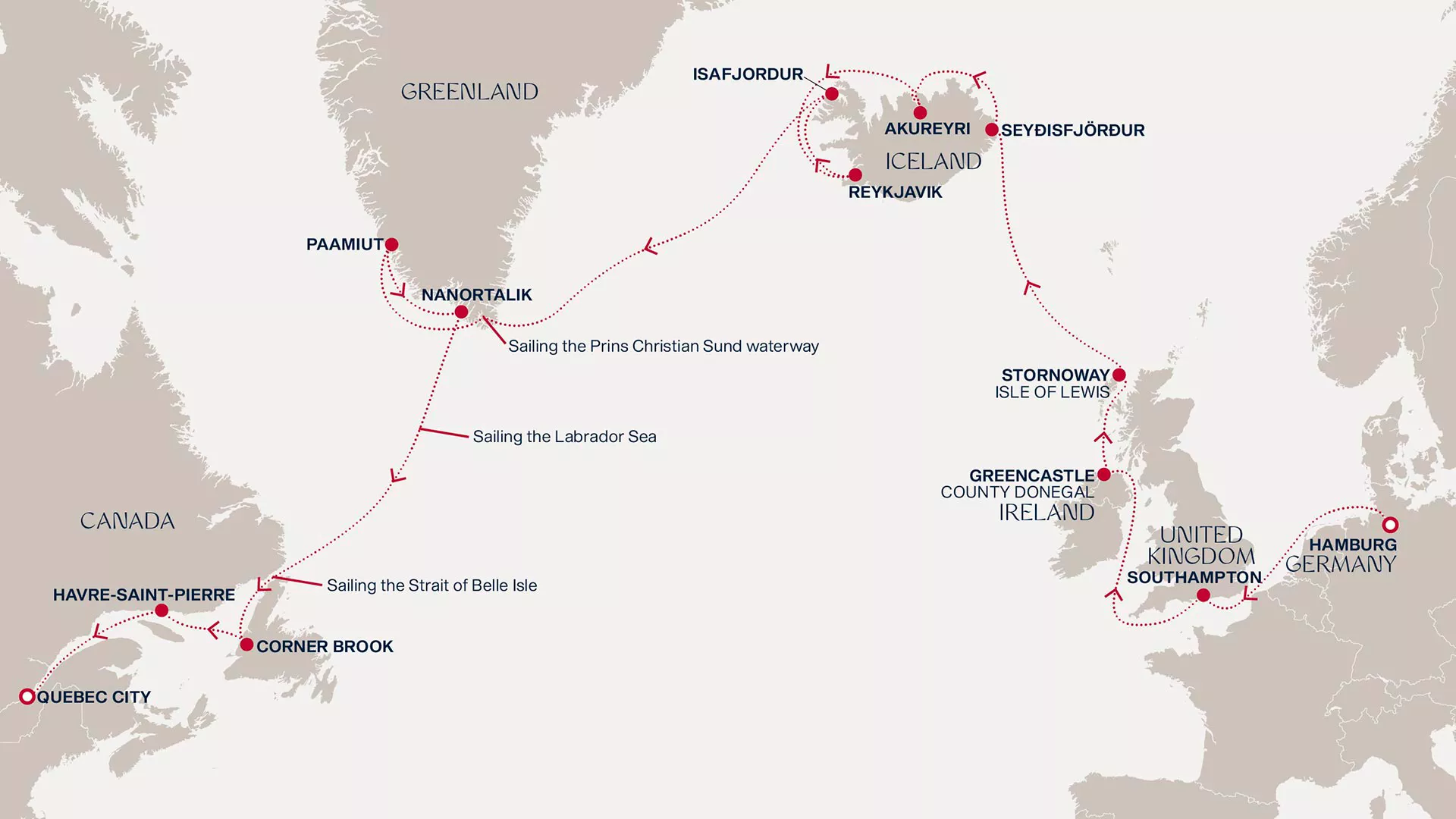 Explora III September 7-28 2026 cruise route map from Hamburg to Quebec City