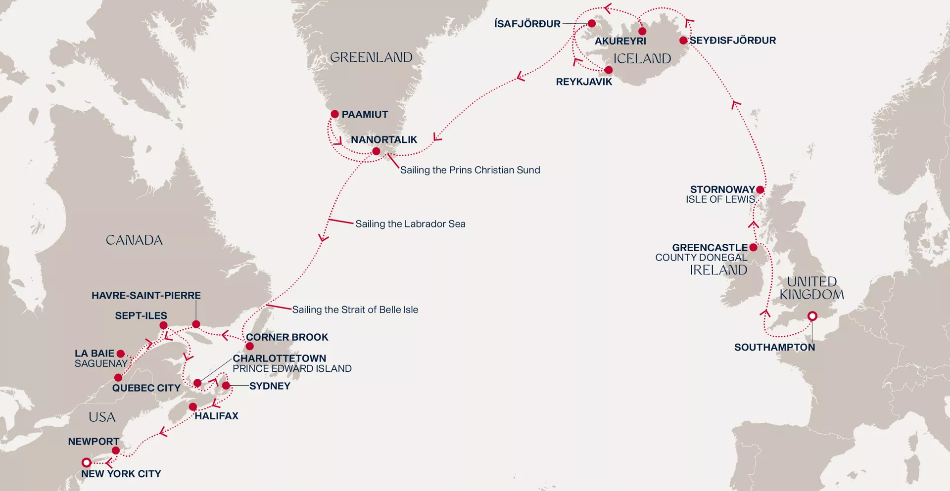 Explora III September 9-October 7 2026 cruise route map from Southampton to New York City