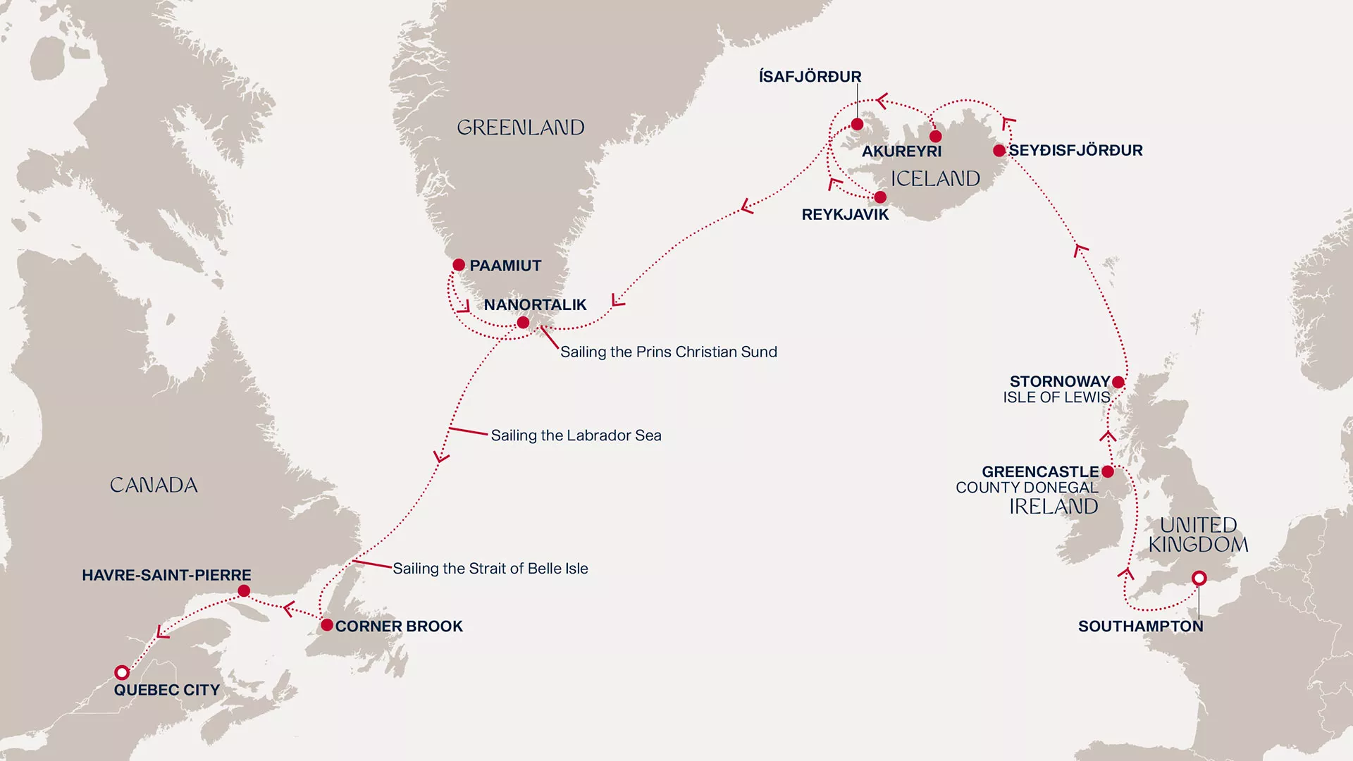 Explora III September 9-28 2026 cruise route map from Southampton to Quebec City