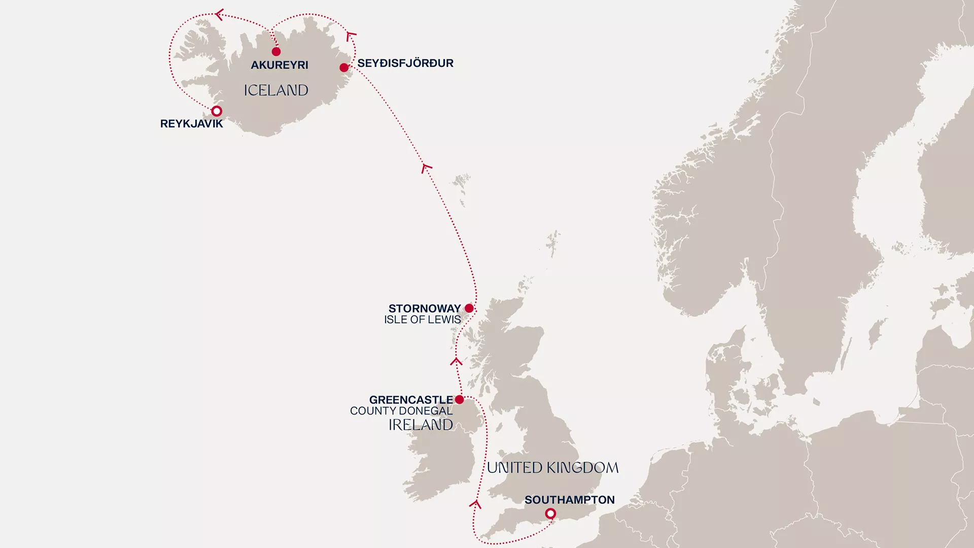 Explora III September 9-17 2026 cruise route map from Southampton to Reykjavik