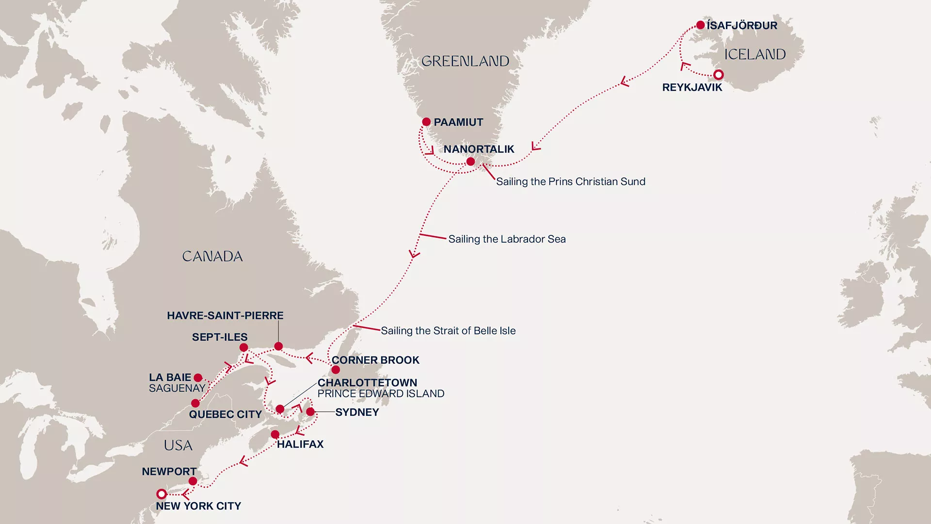 Explora III September 17-October 7 2026 cruise route map from Reykjavik to New York City
