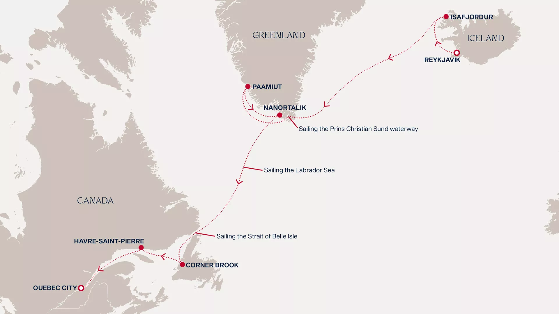Explora III September 17-28 2026 cruise route map from Reykjavik to Quebec City