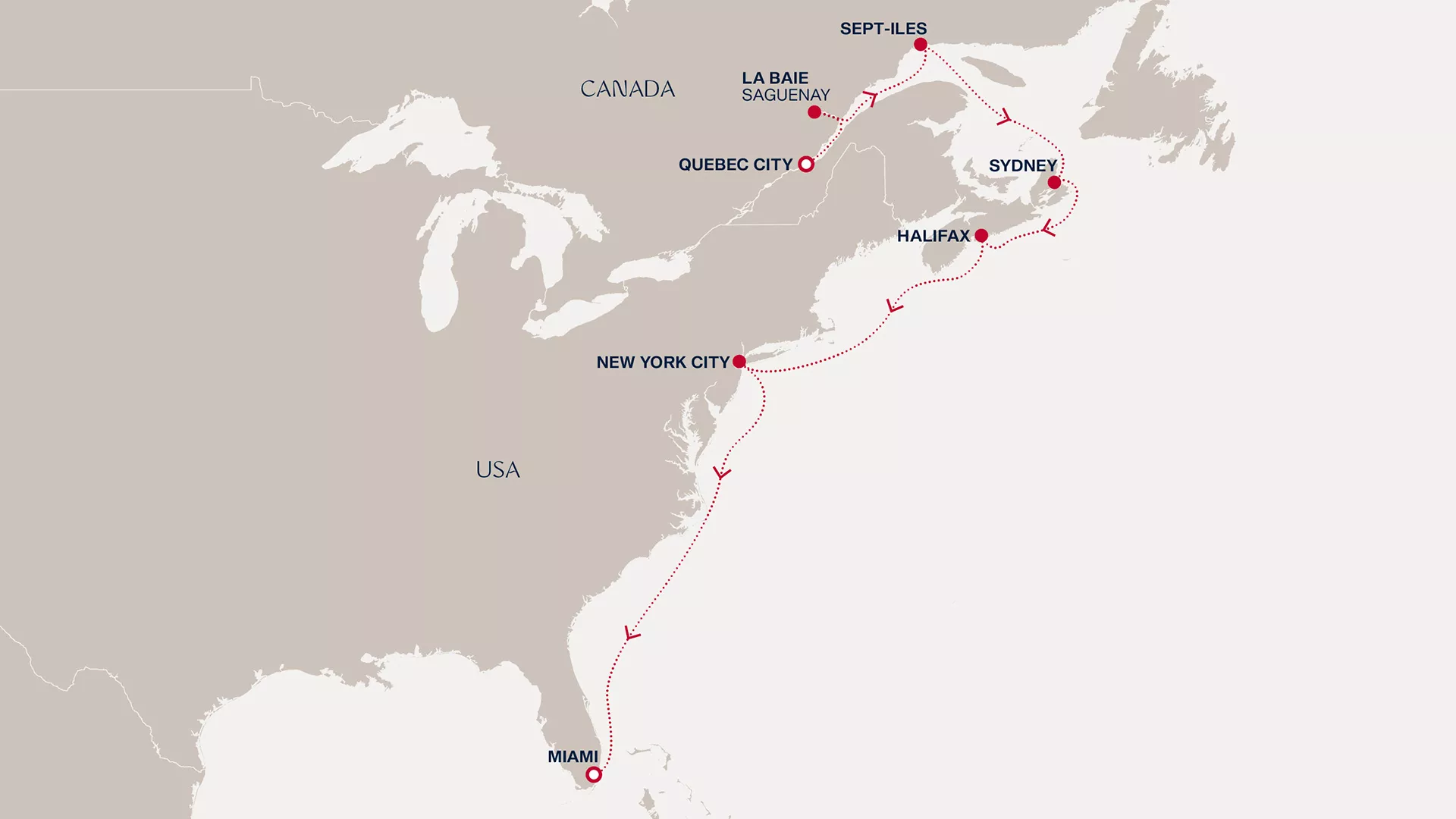 Explora III October 15-25 2026 cruise route map from Quebec City to Miami