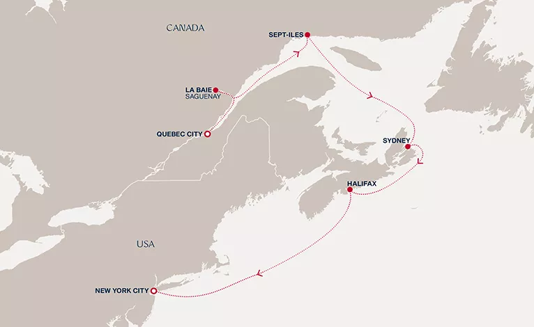 Explora III October 15-22 2026 cruise route map from Quebec City to New York City