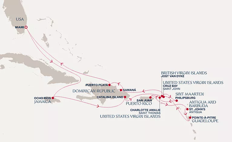 Explora III December 20 2026-January 5 2027 cruise route map from Miami to Miami