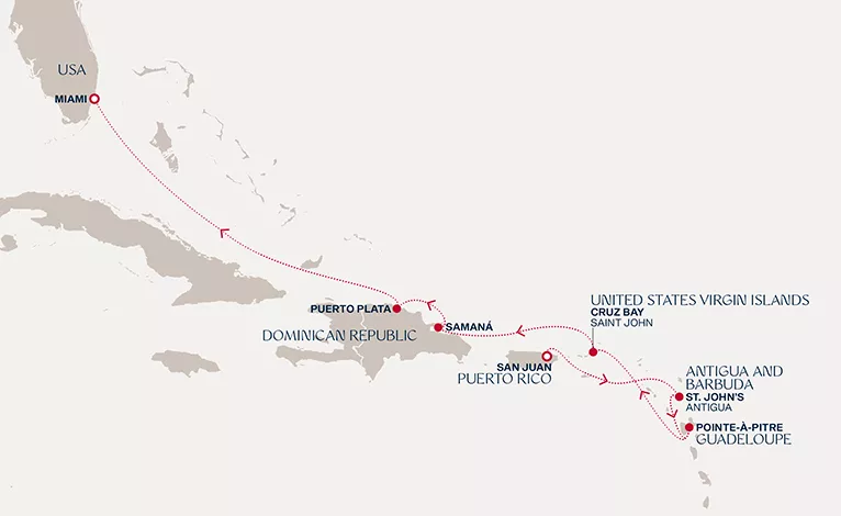 Explora III December 28 2026-January 5 2027 cruise route map from San Juan to Miami