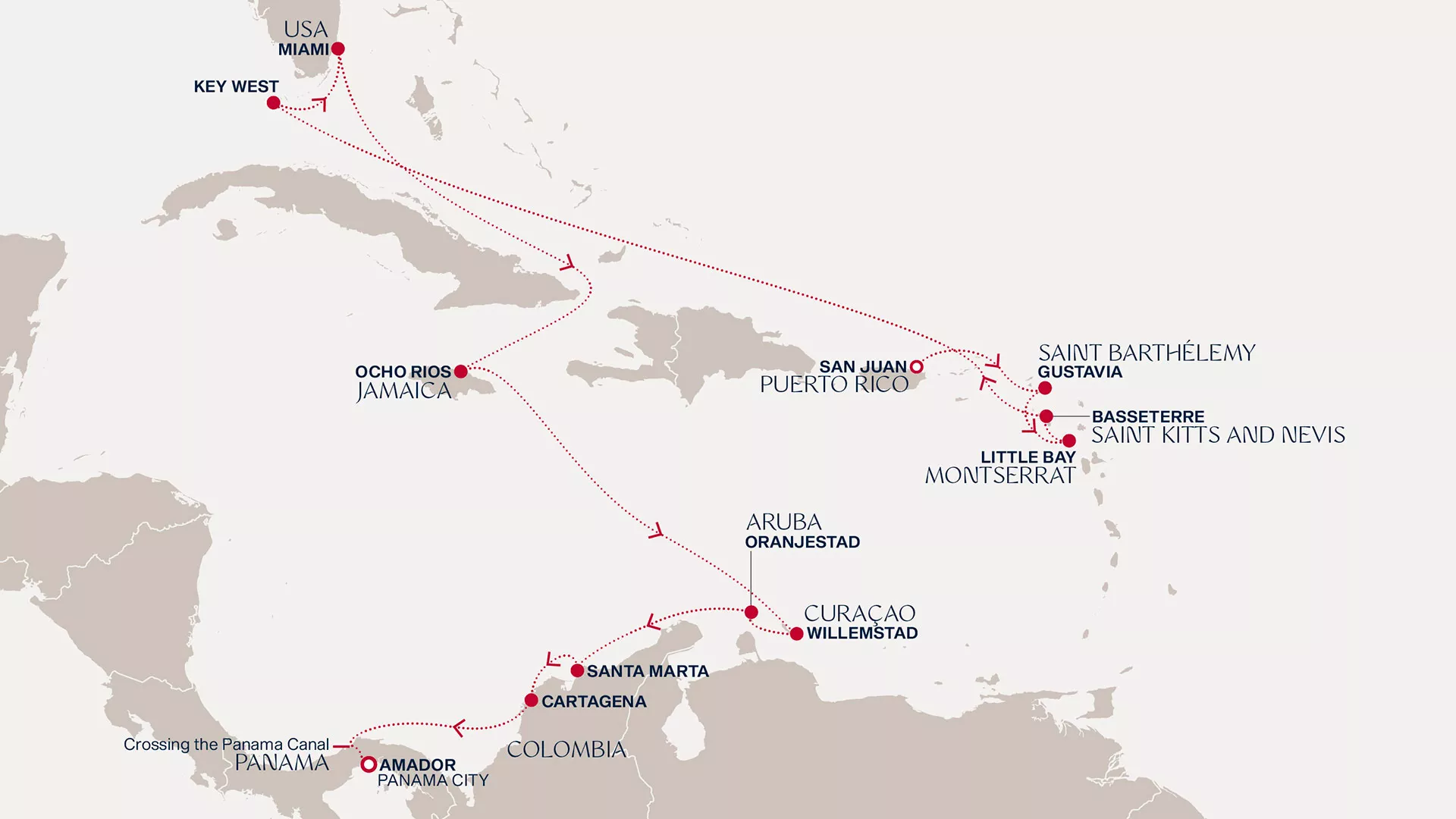 Explora III April 5-22 2027 cruise route map from San Juan to Amador (Panama City)
