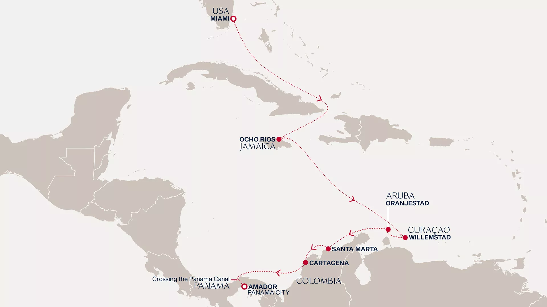 Explora III April 12-22 2027 cruise route map from Miami to Amador (Panama City)