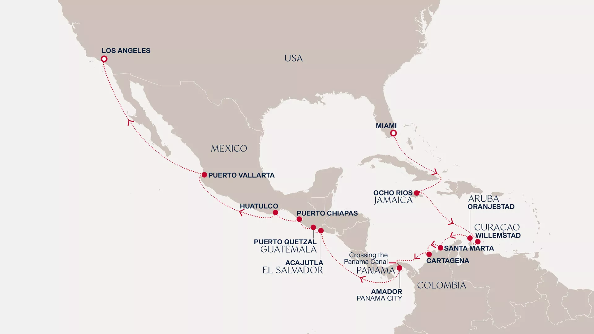 Explora III April 12-May 3 2027 cruise route map from Miami to Los Angeles
