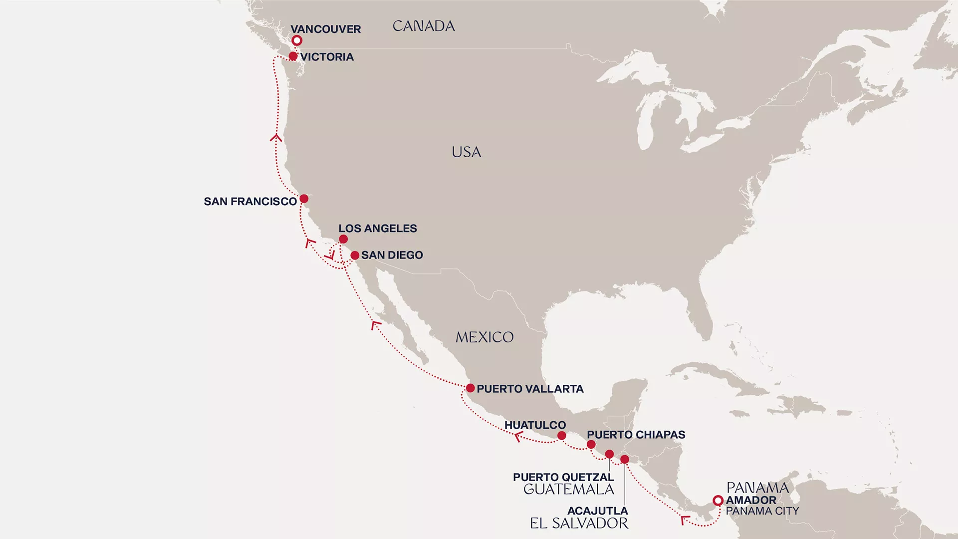 Explora III April 22-May 10 2027 cruise route map from Amador (Panama City) to Vancouver