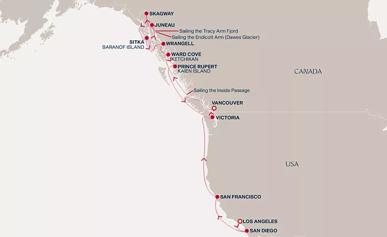 Explora III May 3-21 2027 cruise route map from Los Angeles to Vancouver