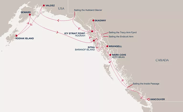 Explora III July 2-16 2027 cruise route map from Vancouver to Vancouver