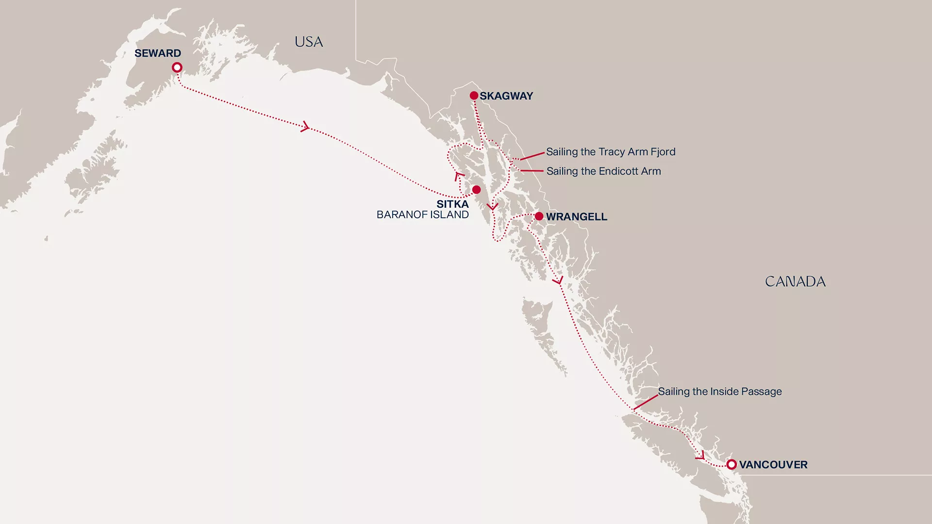 Explora III July 9-16 2027 cruise route map from Seward to Vancouver