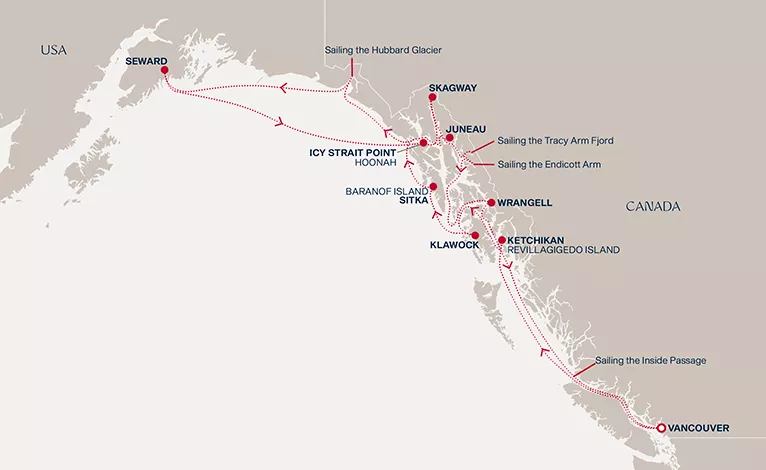 Explora III July 16-30 2027 cruise route map from Vancouver to Vancouver