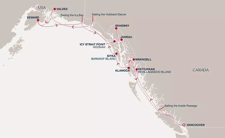 Explora III July 30-August 13 2027 cruise route map from Vancouver to Vancouver