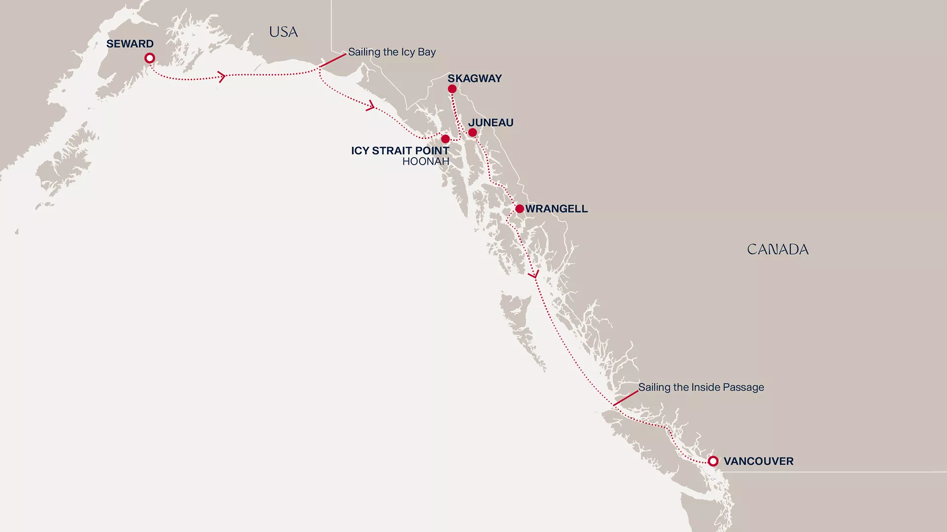 Explora III August 6-13 2027 cruise route map from Seward to Vancouver