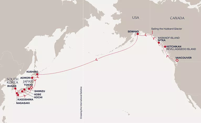 Explora III September 11-October 6 2027 cruise route map from Vancouver to Tokyo