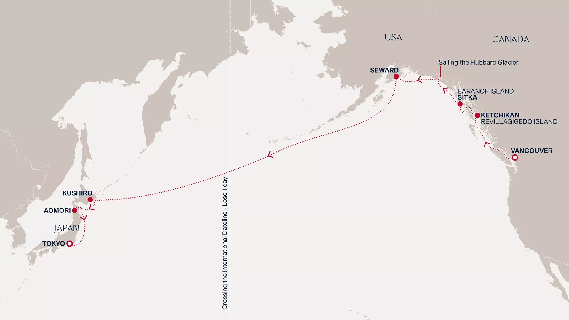 Explora III September 11-27 2027 cruise route map from Vancouver to Tokyo