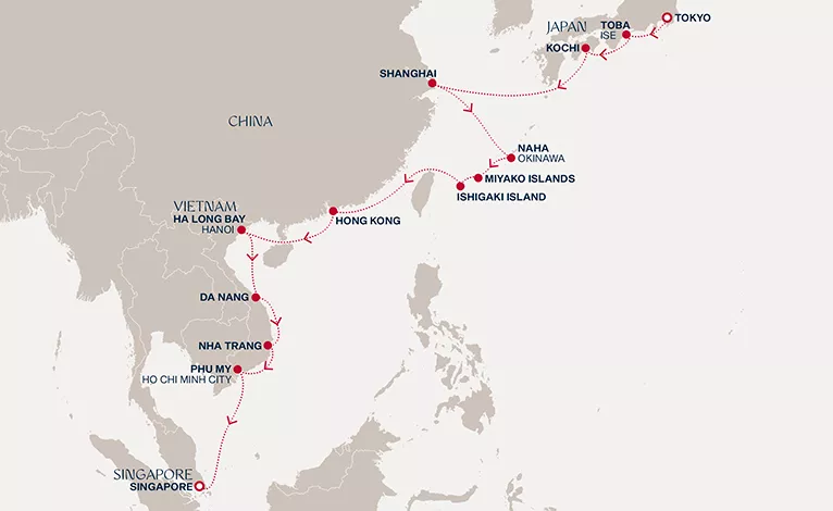 Explora III November 5-26 2027 cruise route map from Tokyo to Singapore