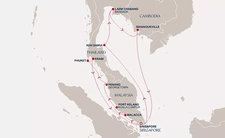 Explora III November 26-December 10 2027 cruise route map from Singapore to Singapore