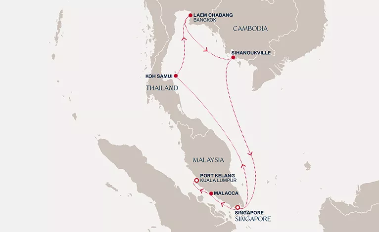Explora III December 19-28 2027 cruise route map from Singapore to Port Kelang (Kuala Lumpur)