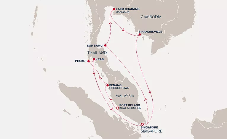 Explora III December 28 2027-January 9 2028 cruise route map from Port Kelang (Kuala Lumpur) to Singapore