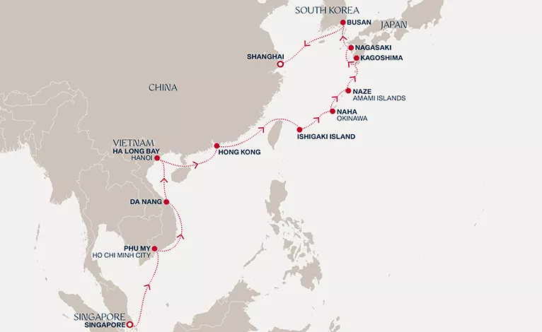 Explora III January 9-25 2028 cruise route map from Singapore to Shanghai