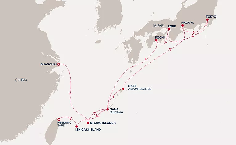 Explora III January 25-February 9 2028 cruise route map from Shanghai to Keelung (Taipei)