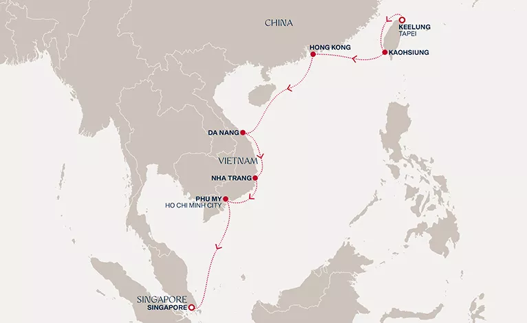 Explora III February 9-20 2028 cruise route map from Keelung (Taipei) to Singapore