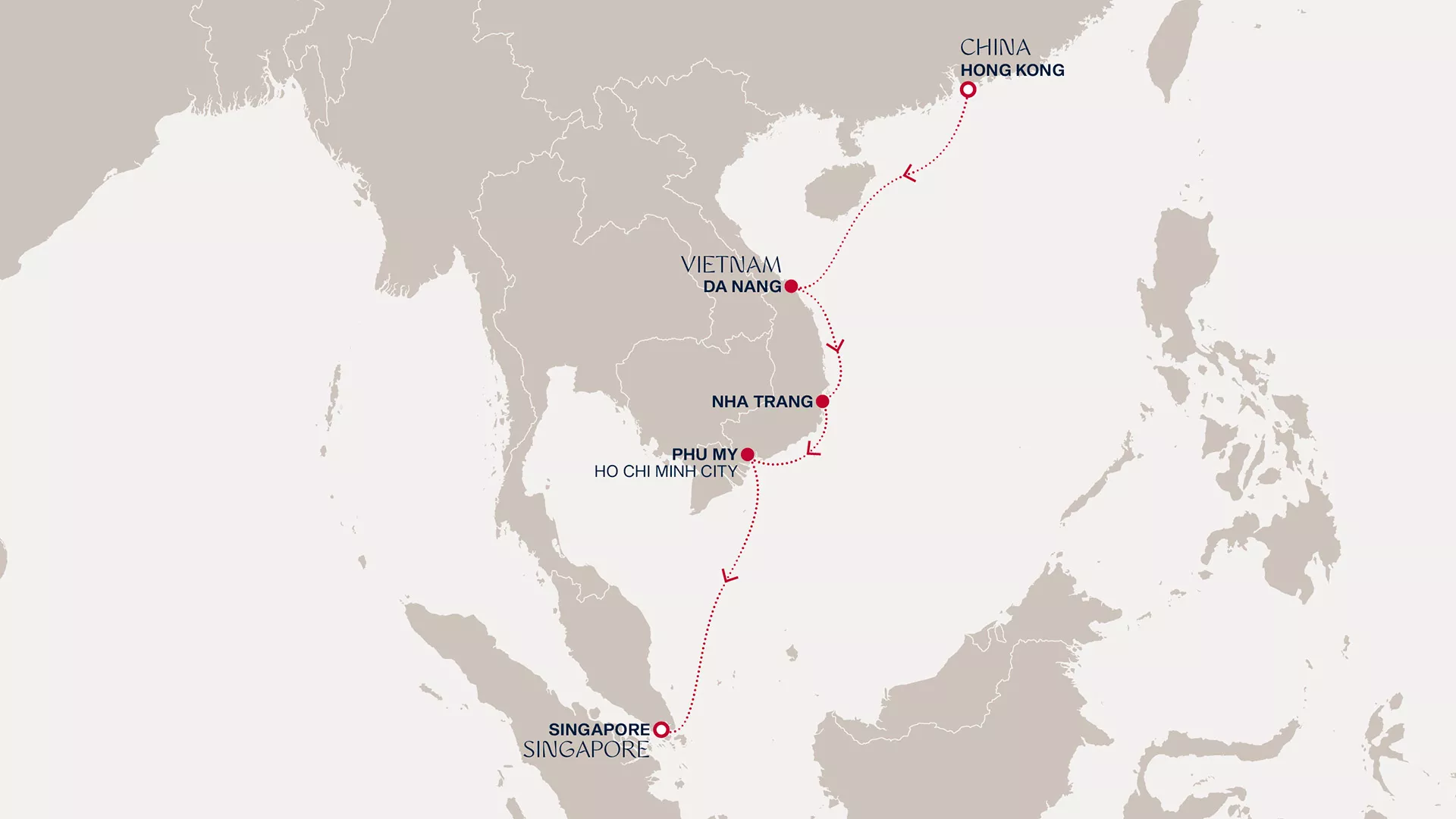 Explora III February 13-20 2028 cruise route map from Hong Kong to Singapore