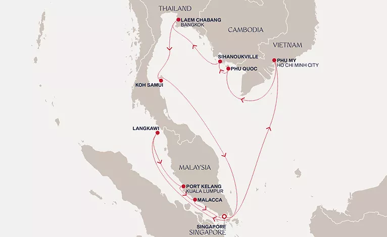 Explora III February 20-March 5 2028 cruise route map from Singapore to Singapore
