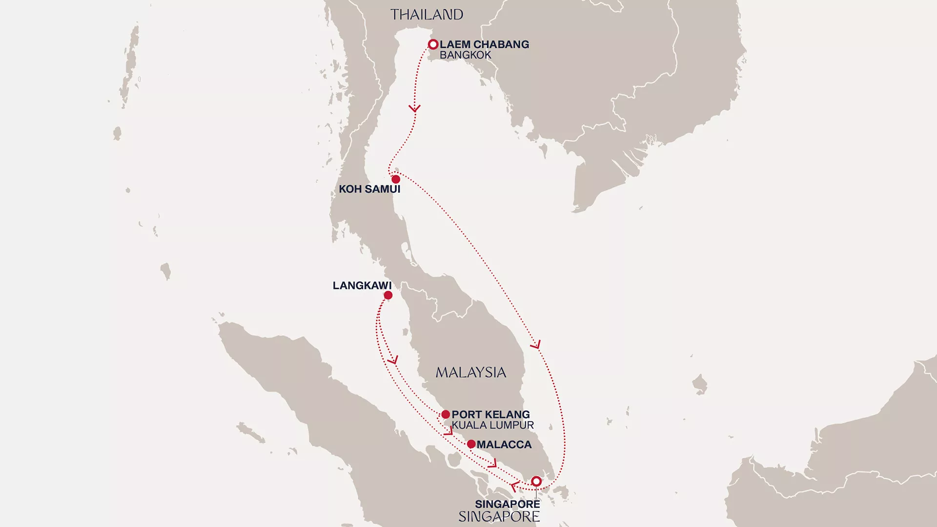 Explora III February 27-March 5 2028 cruise route map from Laem Chabang (Bangkok) to Singapore