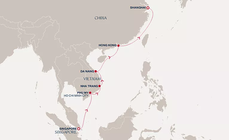 Explora III March 5-15 2028 cruise route map from Singapore to Shanghai
