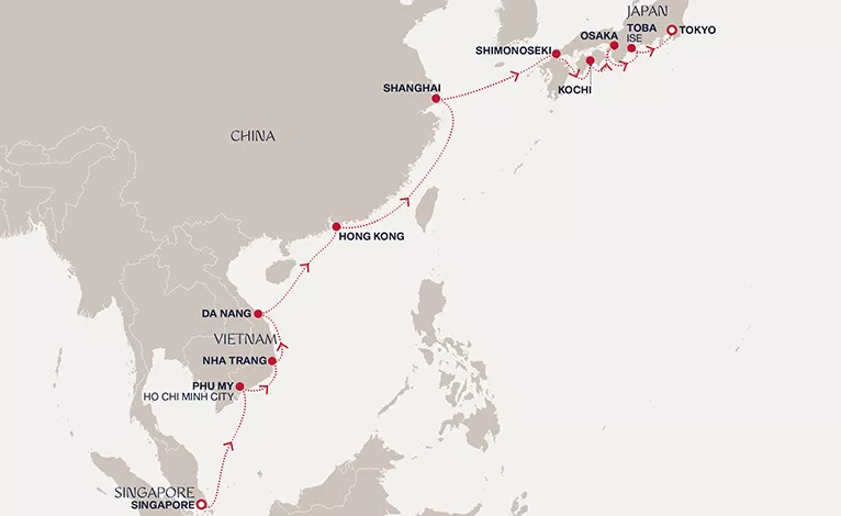 Explora III March 5-21 2028 cruise route map from Singapore to Tokyo