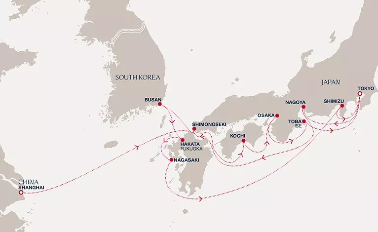 Explora III March 15-29 2028 cruise route map from Shanghai to Tokyo