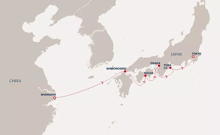 Explora III March 15-21 2028 cruise route map from Shanghai to Tokyo