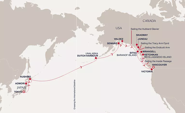 Explora III May 6-30 2028 cruise route map from Tokyo to Vancouver