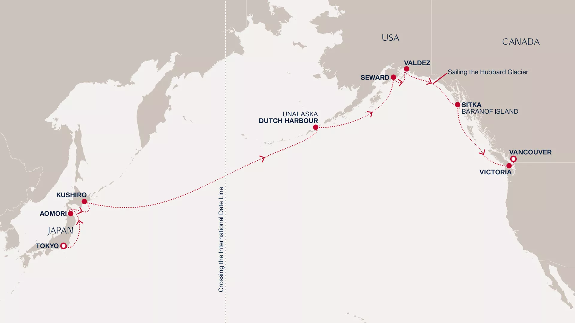 Explora III May 6-22 2028 cruise route map from Tokyo to Vancouver