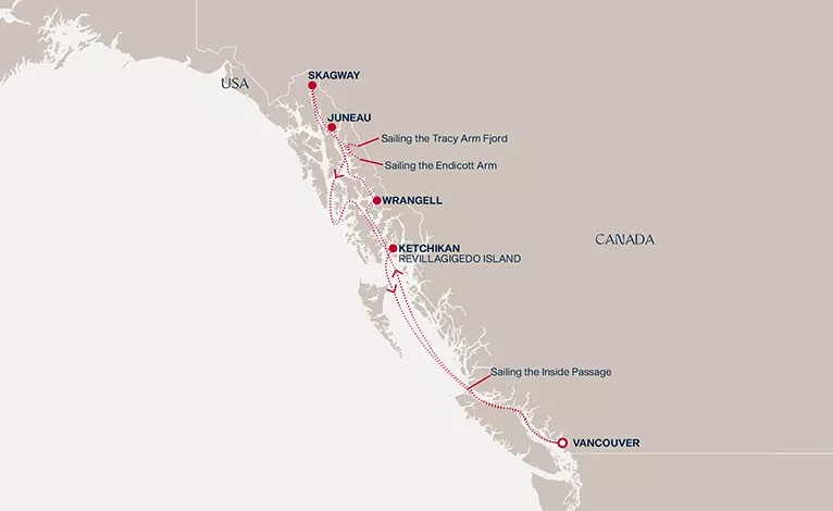 Explora III May 22-30 2028 cruise route map from Vancouver to Vancouver