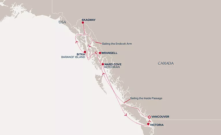 Explora III May 30-June 8 2028 cruise route map from Vancouver to Vancouver