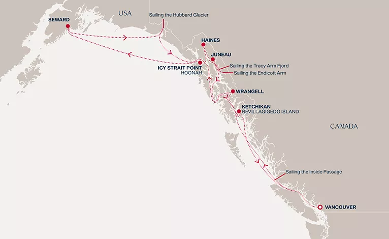 Explora III June 8-20 2028 cruise route map from Vancouver to Vancouver