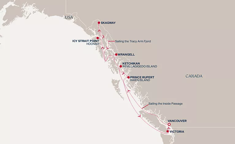 Explora III June 20-30 2028 cruise route map from Vancouver to Vancouver