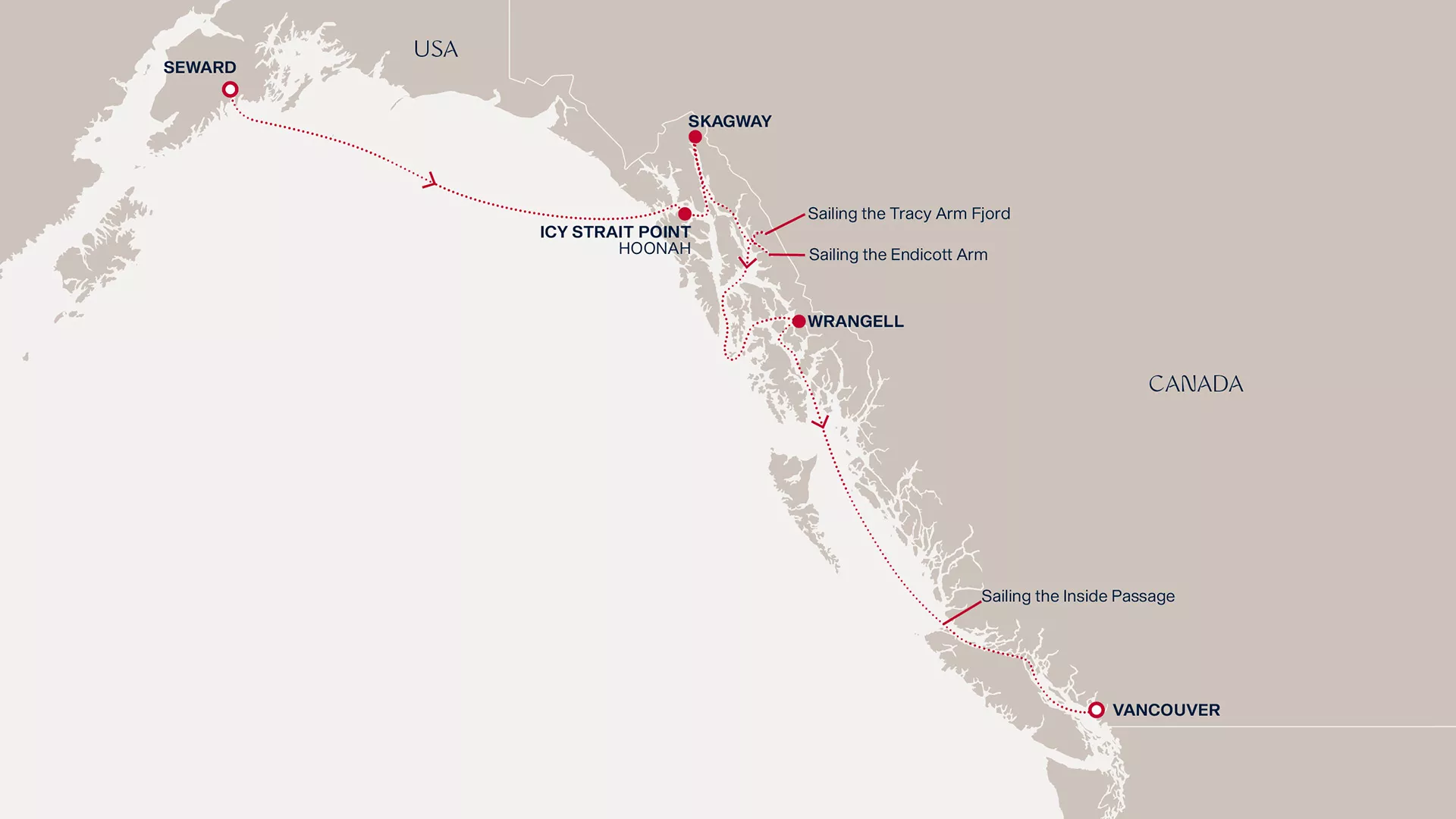 Explora III July 21-28 2028 cruise route map from Seward to Vancouver