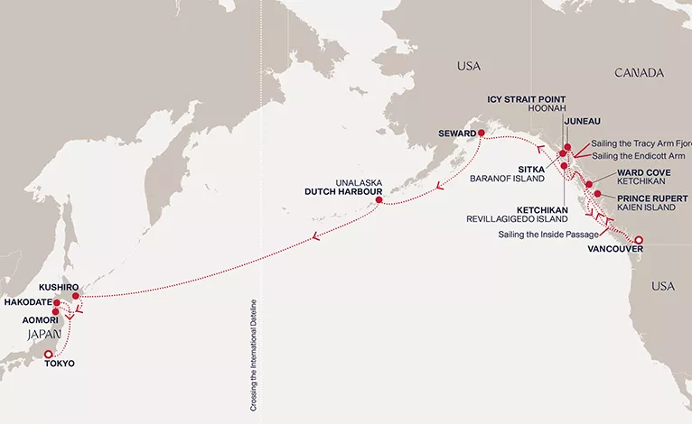 Explora III August 31-September 26 2028 cruise route map from Vancouver to Tokyo